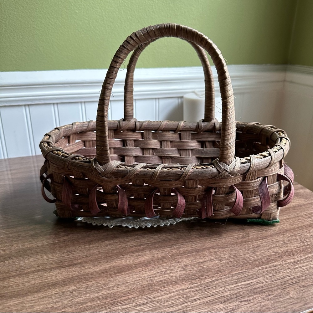 Vintage Oval Double Handle Split Wood Loop Basket with Rope Inlay